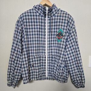 90s Gym Blue Plaid Zip Jacket With Embroidered Logo size large